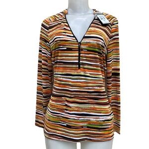 Strazzi Striped V-Neck Long Sleeve Top in Orange and Brown Size S